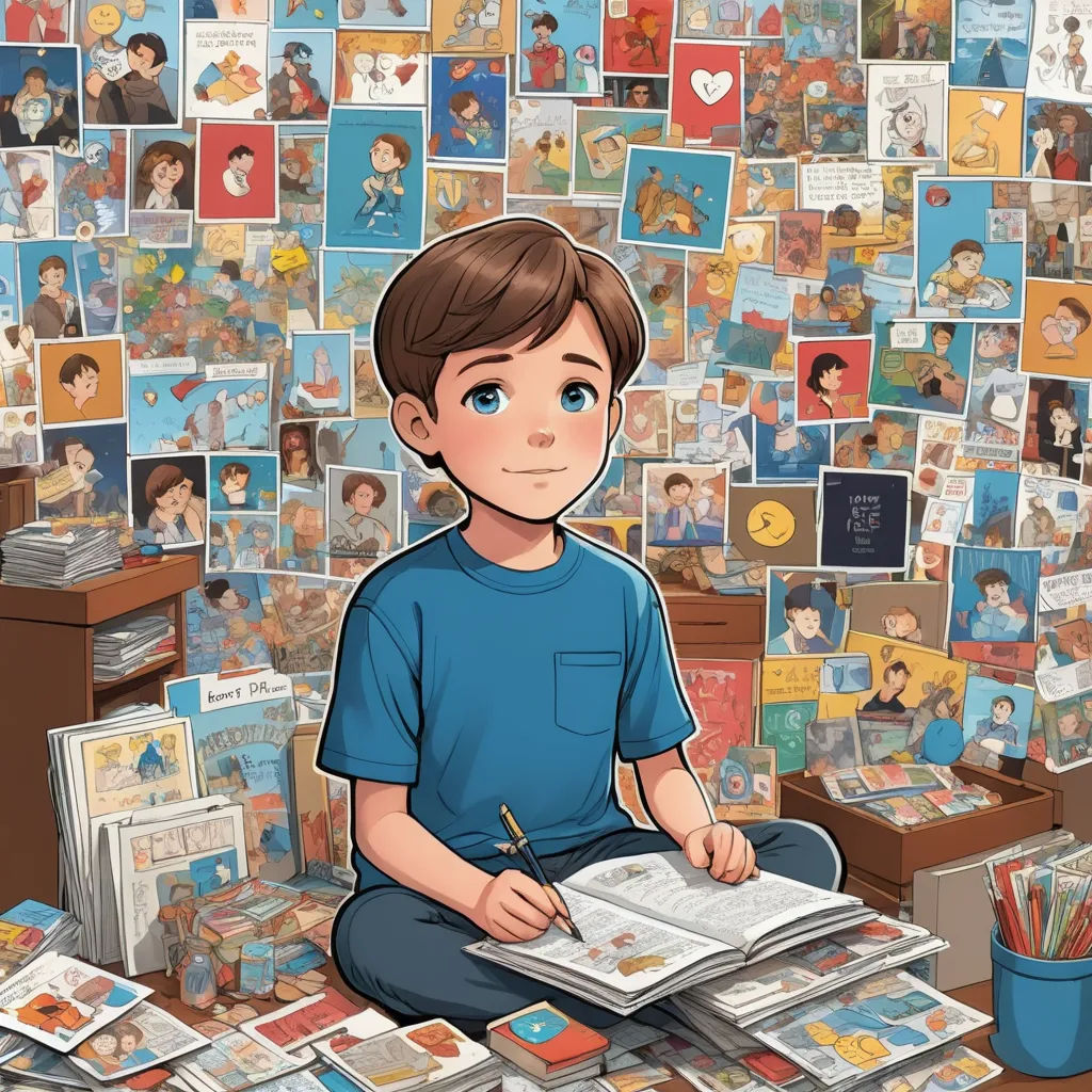 a boy sitting on the floor with a book and a pen in his hand and a bunch of pictures on the wall behind him, furry art, a comic book panel, Aaron Jasinski, comic book