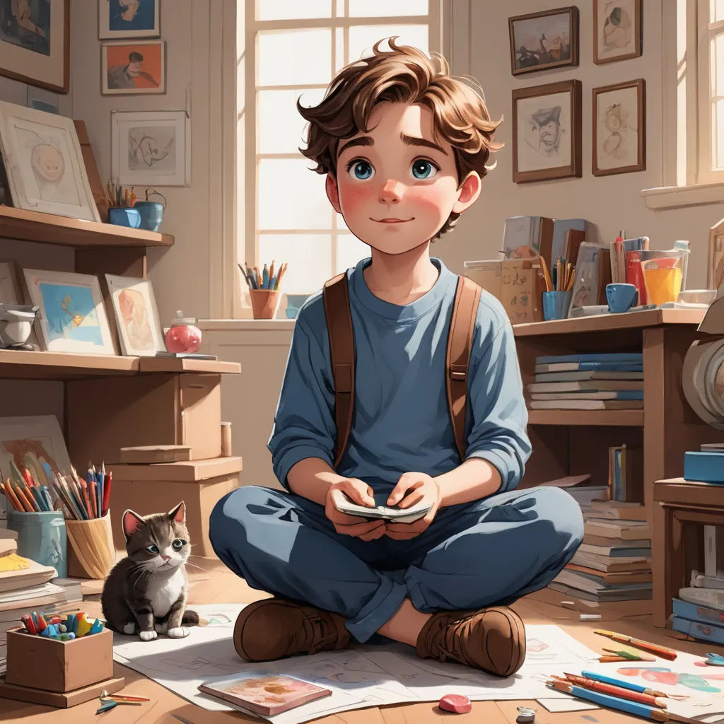 a boy sitting on the floor with a cat next to him and a cat sitting on the floor next to him, fantasy art, a storybook illustration, Diego Gisbert Llorens, rossdraws global illumination