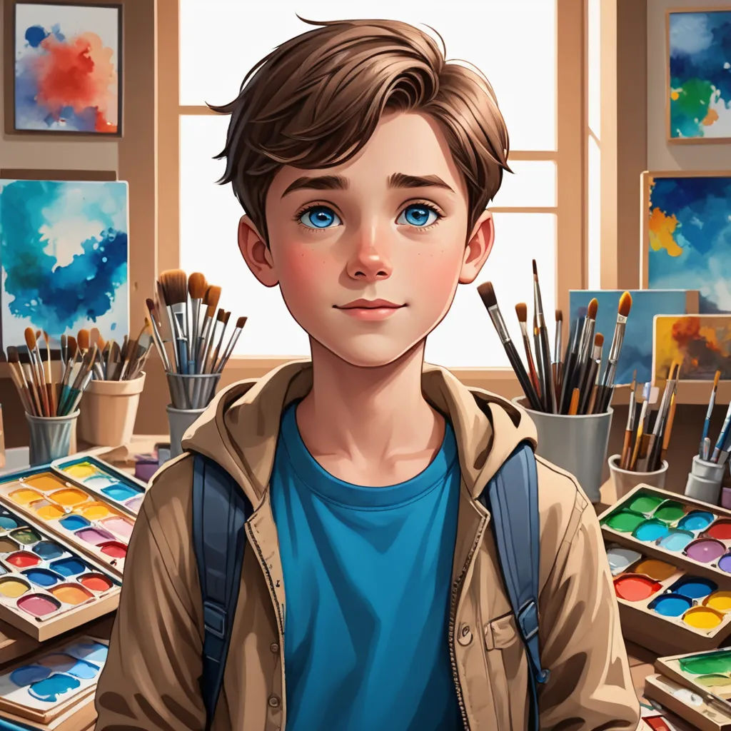 a boy with a backpack is sitting in front of a table with paint and brushes and a painting palette, sots art, a detailed painting, artist, art station