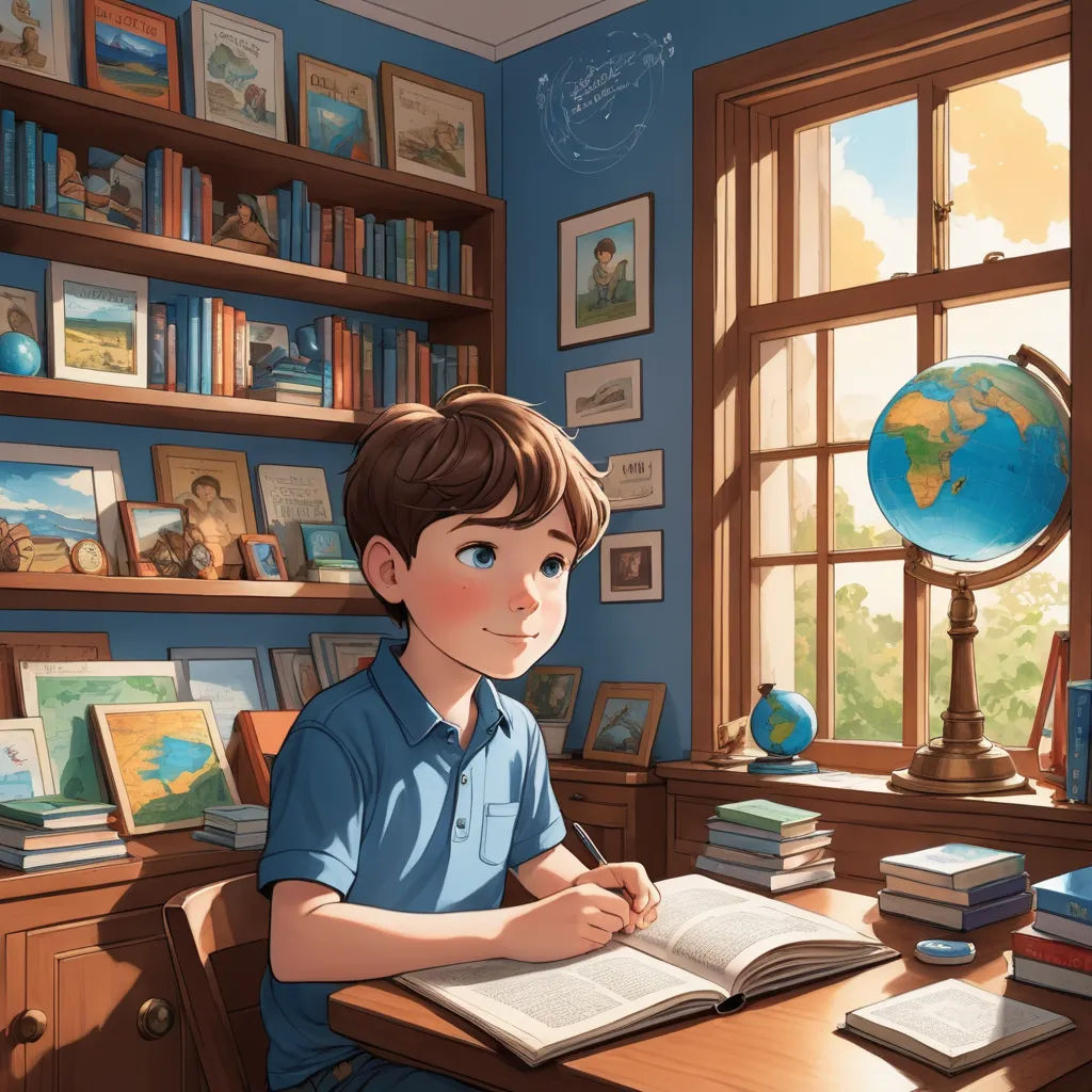 a boy sitting at a desk with a book and a globe on the wall behind him and a window, american scene painting, a storybook illustration, Aaron Jasinski, rossdraws global illumination