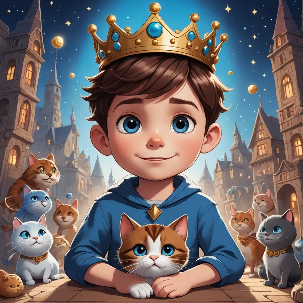 a boy in a blue shirt with a crown on his head and cats around him, all looking at the camera, sots art, a storybook illustration, Altoon Sultan, comic cover art