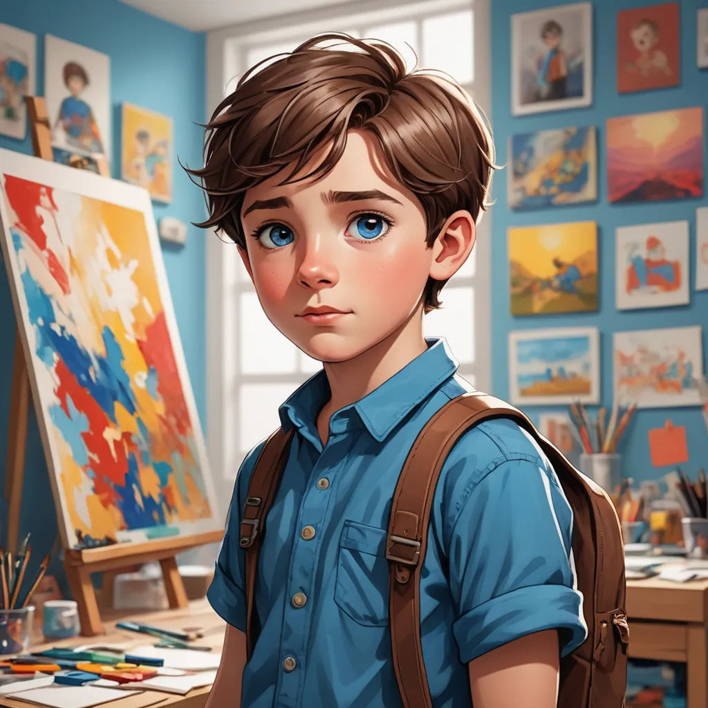 a boy with a backpack is looking at the camera in a room with paintings on the wall and a easel, photorealism, a detailed painting, Alejandro Burdisio, cgstudio