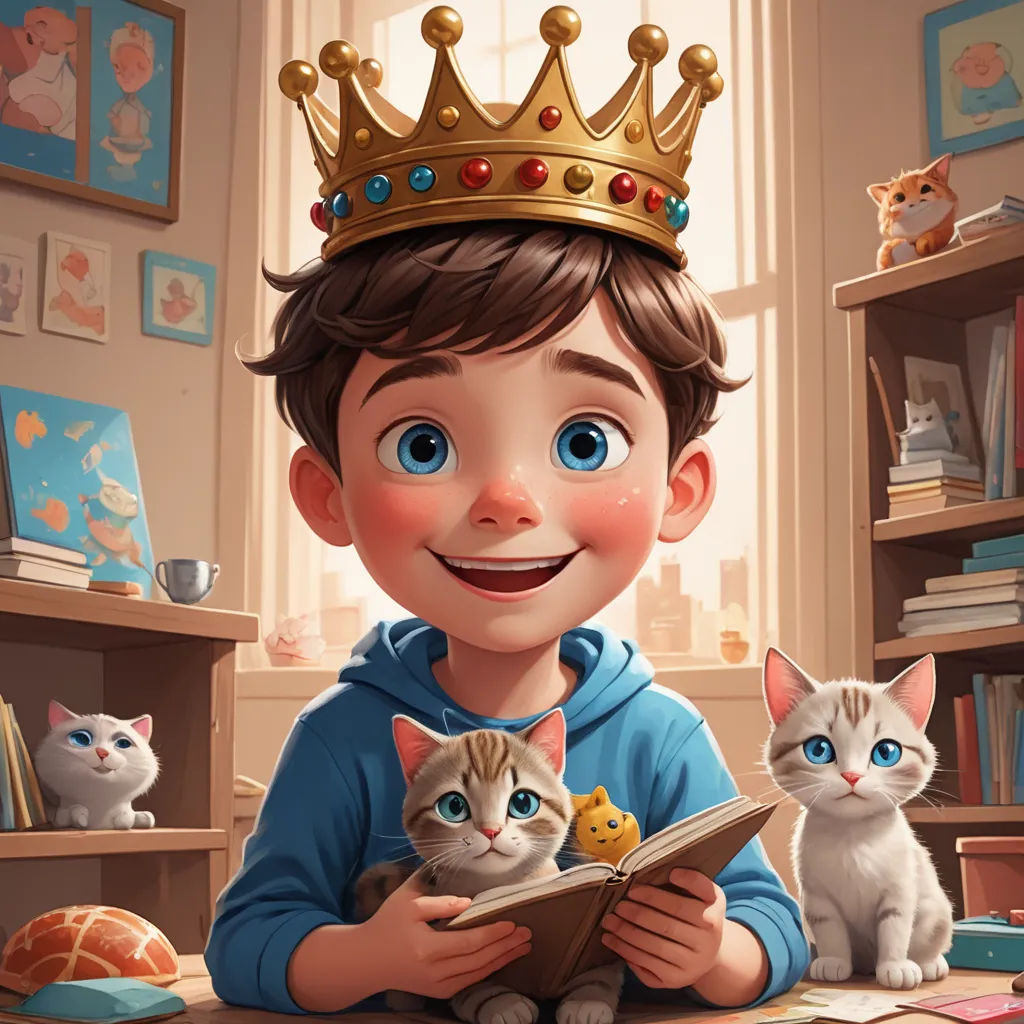 a boy is reading a book with two cats sitting on the floor behind him and a crown on his head, sots art, a storybook illustration, Diego Gisbert Llorens, storybook illustration