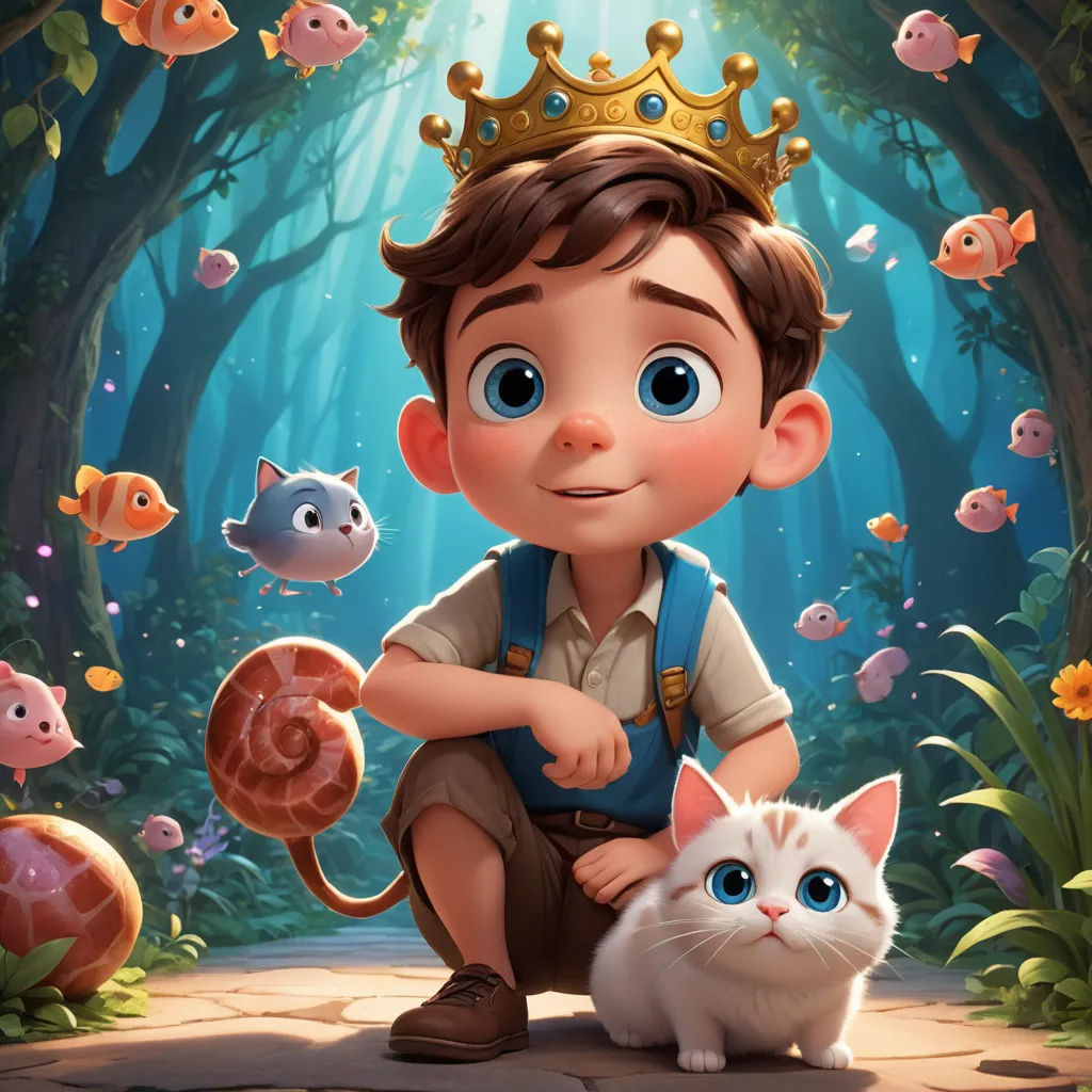 a boy with a crown sitting next to a cat and a turtle in a forest with fish and plants, sots art, a storybook illustration, David Martin, rossdraws global illumination