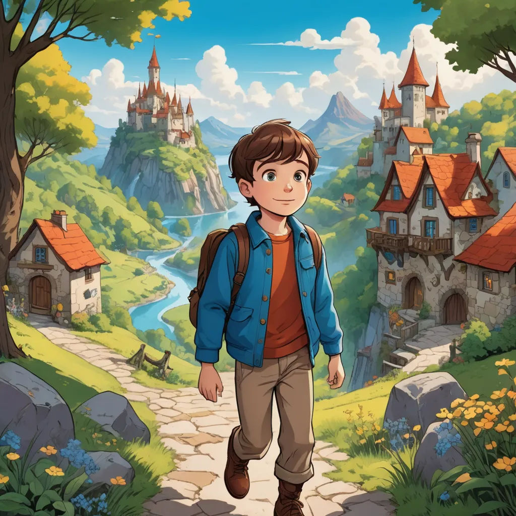 a boy walking down a path towards a castle in the background with a river running through it and a castle in the distance, fantasy art, a storybook illustration, Cliff Childs, storybook illustration