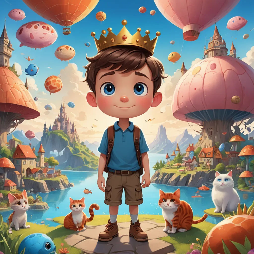 a boy standing in front of a bunch of cats and a castle with a crown on top of his head, fantasy art, a storybook illustration, Chris LaBrooy, 2 d game art