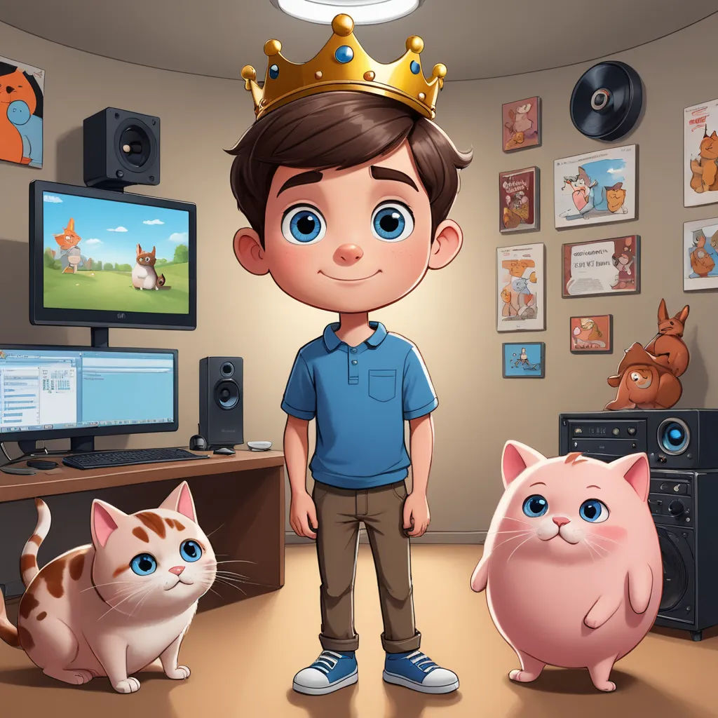 a boy standing in a room with two cats and a tv set in the background with a cat on the floor, sots art, a storybook illustration, Cedric Seaut (Keos Masons), 2 d game art
