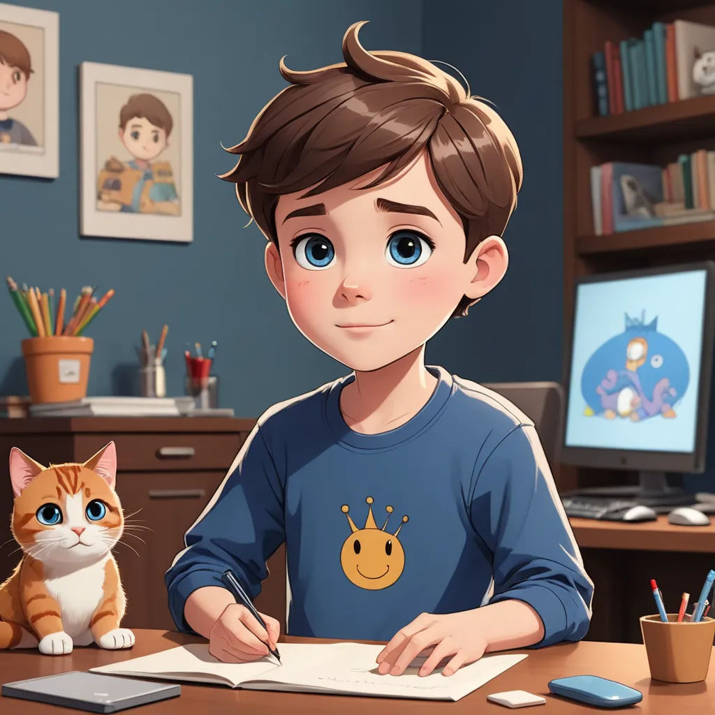 a boy sitting at a desk with a cat and a book in front of him, with a computer monitor in the background, sots art, a character portrait, Diego Gisbert Llorens, art station