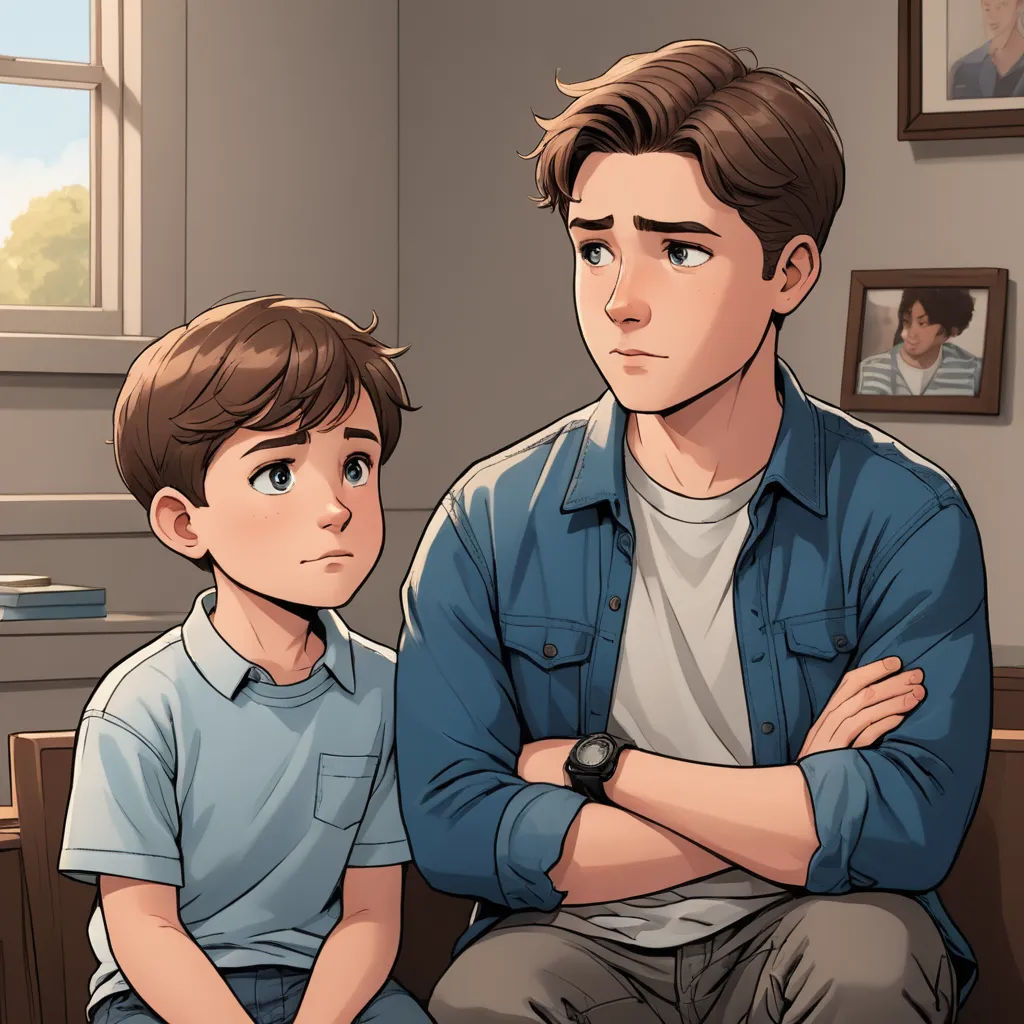 a man and a boy sitting on a couch in a living room with a window behind them and a picture of a man on the wall, sots art, a comic book panel, Clark Voorhees, graphic novel