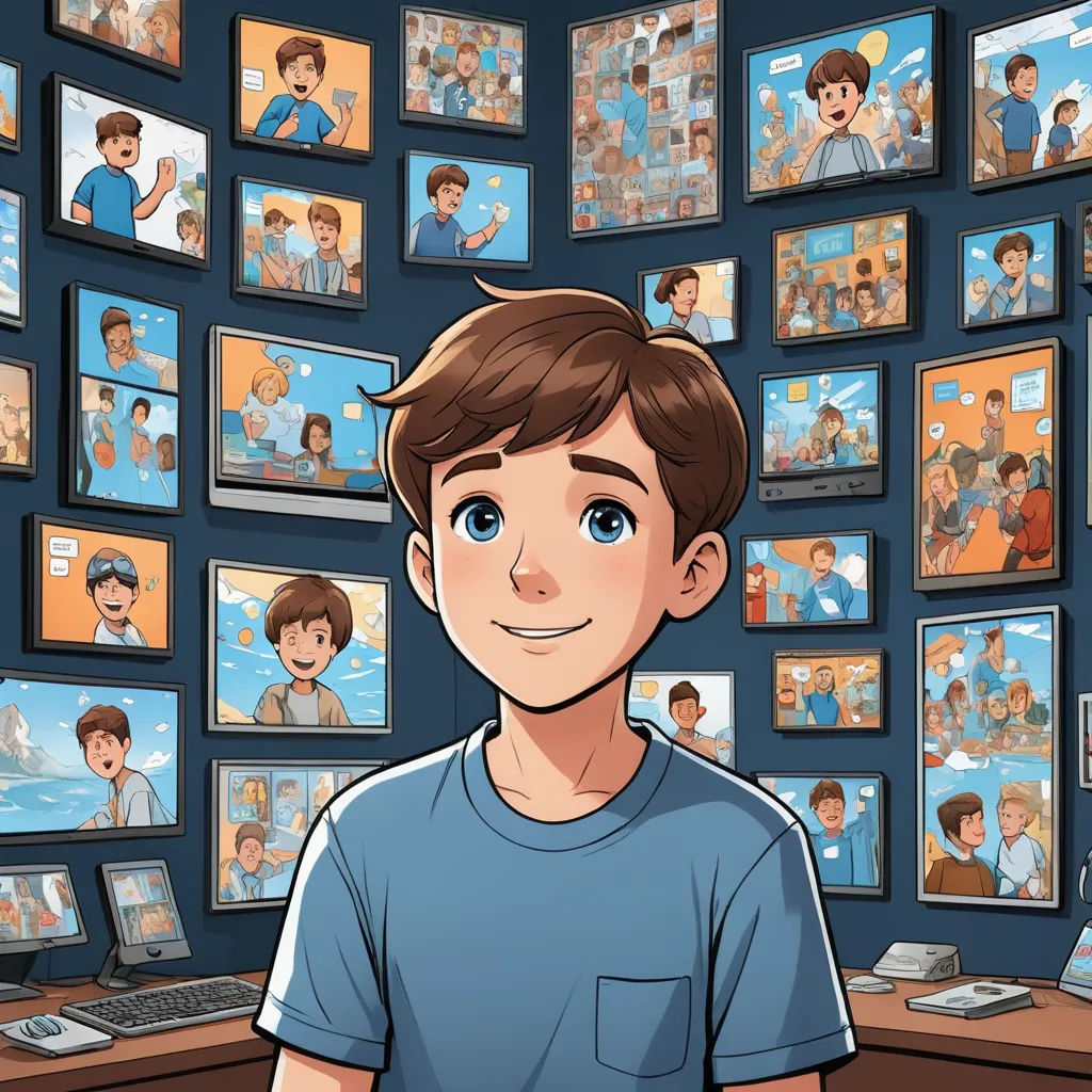 a boy is standing in front of a wall of pictures of people on the wall and on the computer, les automatistes, a comic book panel, Asaf Hanuka, comic cover art