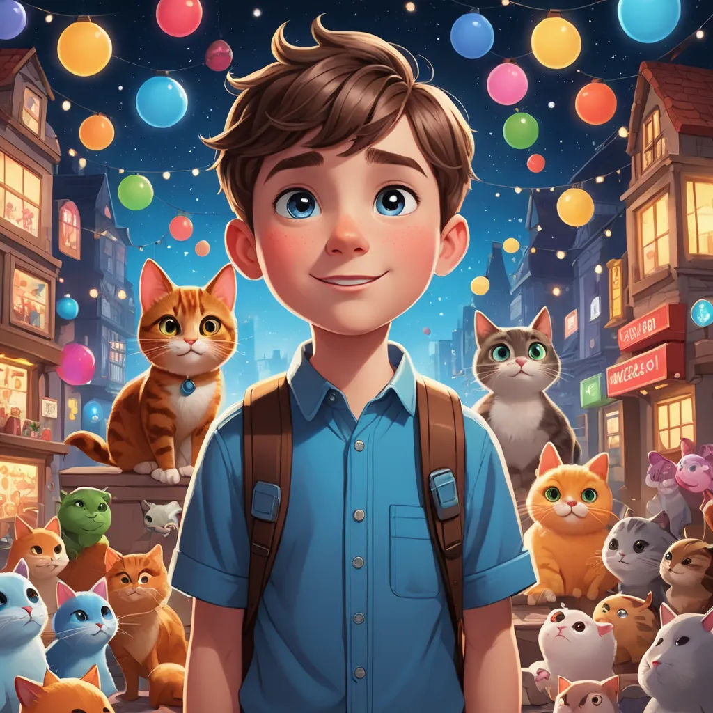 a man standing in front of a bunch of cats in a city at night with balloons flying above him, sots art, a storybook illustration, Aaron Jasinski, rossdraws global illumination