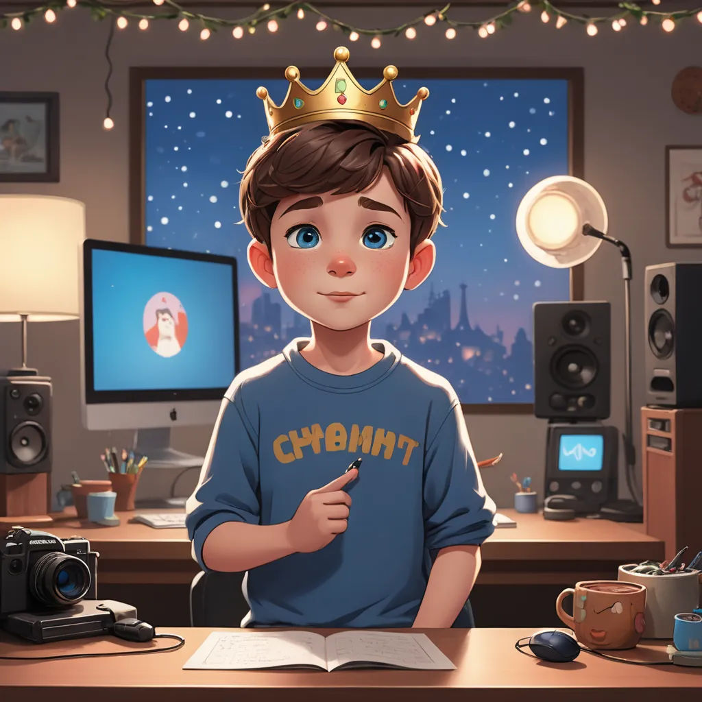 a boy with a crown on his head is sitting at a desk with a book and a camera in front of him, sots art, a storybook illustration, Diego Gisbert Llorens, art station