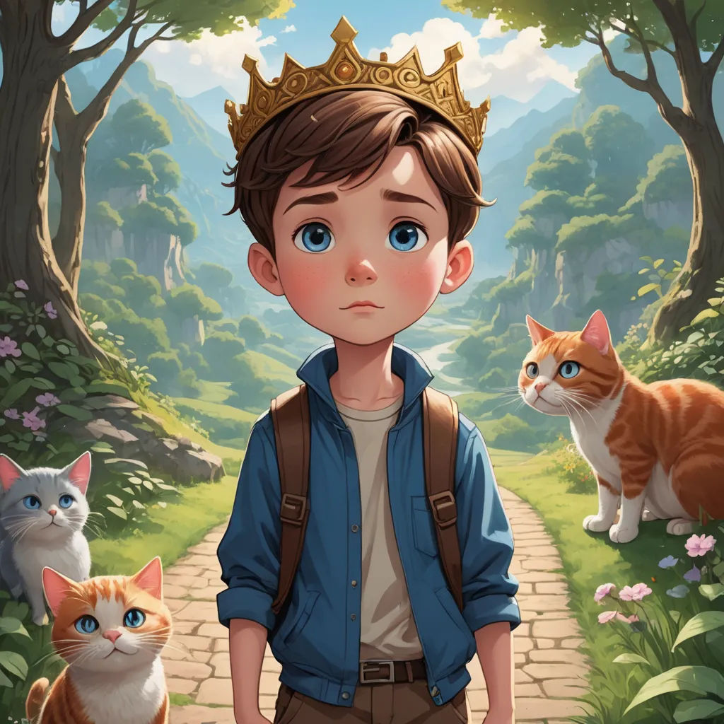 a boy with a crown standing next to two cats in a forest with a path leading to him and a forest with flowers, sots art, a storybook illustration, Charles Bird King, storybook illustration