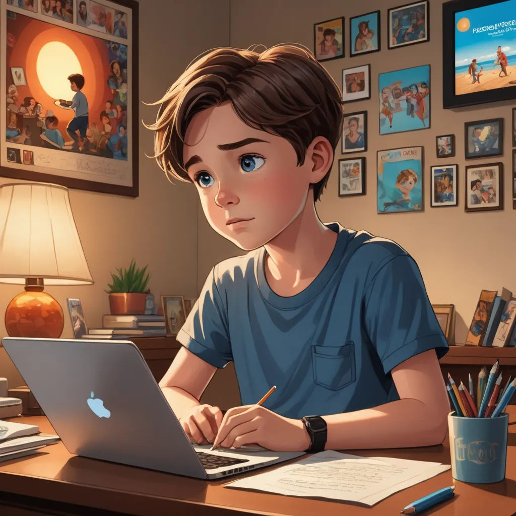 a boy sitting at a desk with a laptop computer in front of him and a lamp on the desk, computer art, computer graphics, Cyril Rolando, rossdraws global illumination