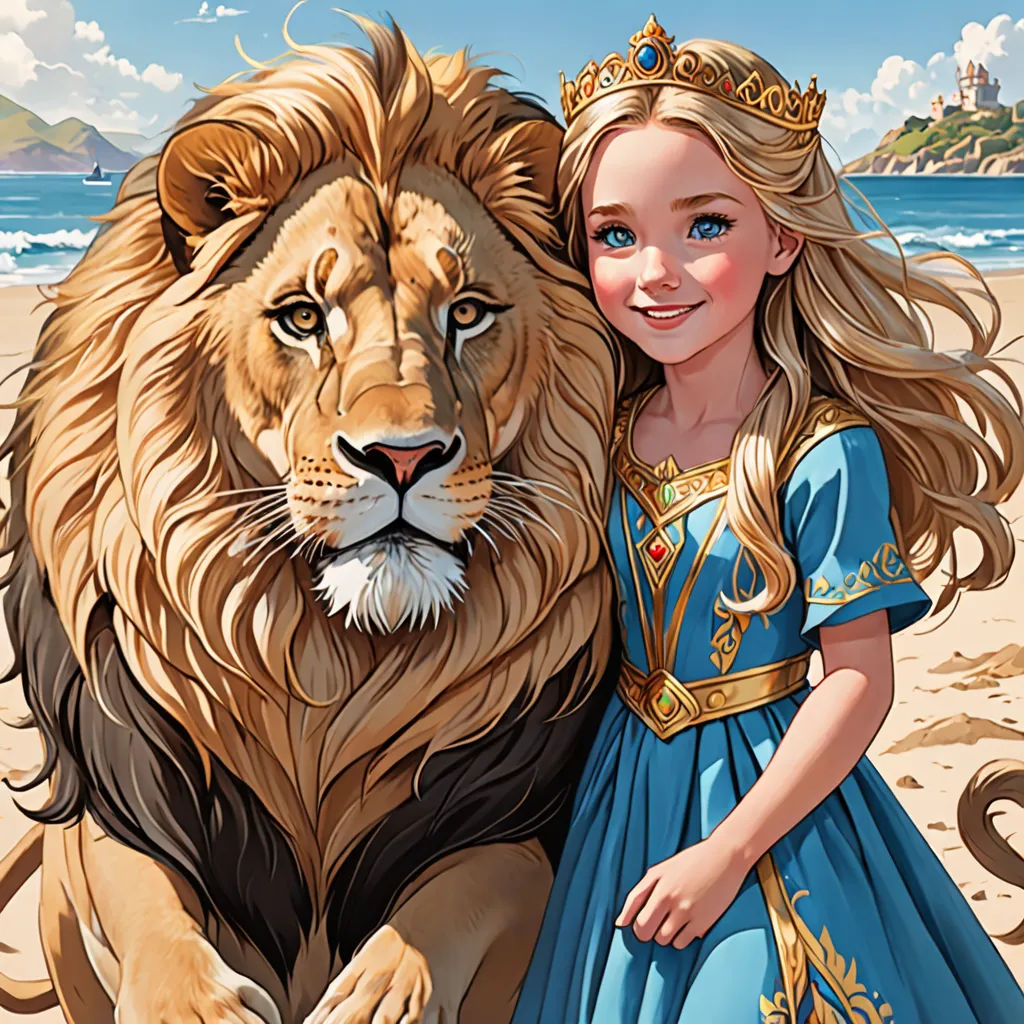 a girl in a blue dress standing next to a lion on a beach with a castle in the background, fantasy art, a storybook illustration, Cliff Childs, trending on art station