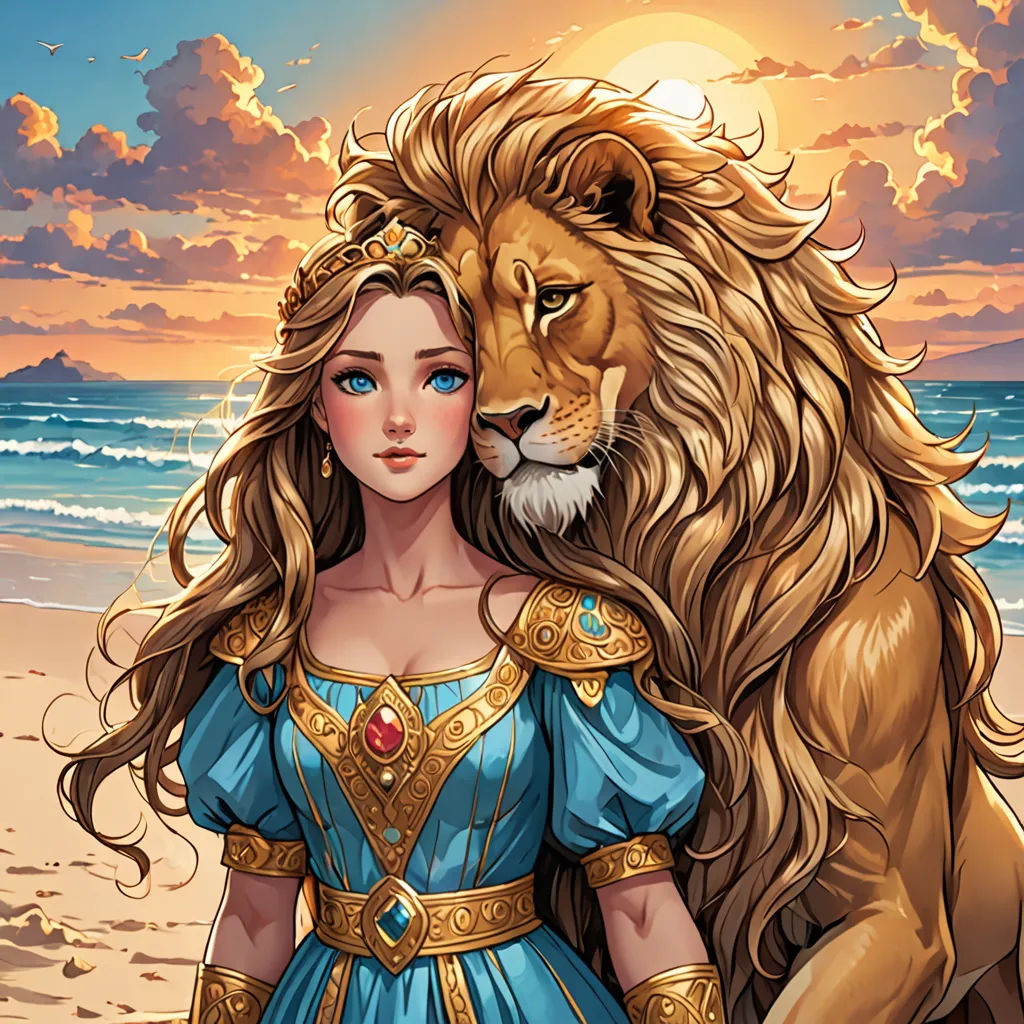 a woman in a blue dress standing next to a lion on a beach at sunset with a sunset behind her, fantasy art, a storybook illustration, disney, rossdraws global illumination