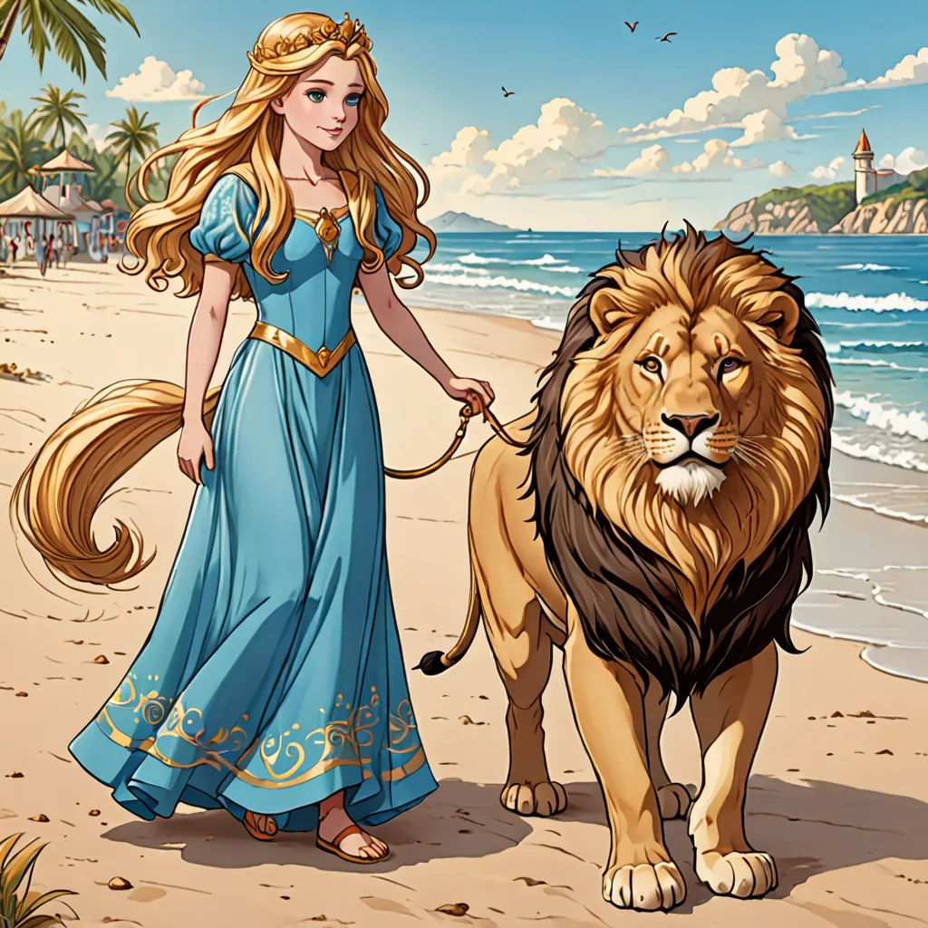 a woman in a blue dress is walking a lion on the beach with a castle in the background and a castle in the background, fantasy art, a storybook illustration, Edwin Georgi, official art