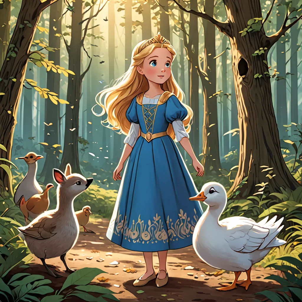 a girl in a blue dress standing next to ducks and geese in a forest with trees and leaves on the ground, fantasy art, a storybook illustration, Clarice Beckett, official art