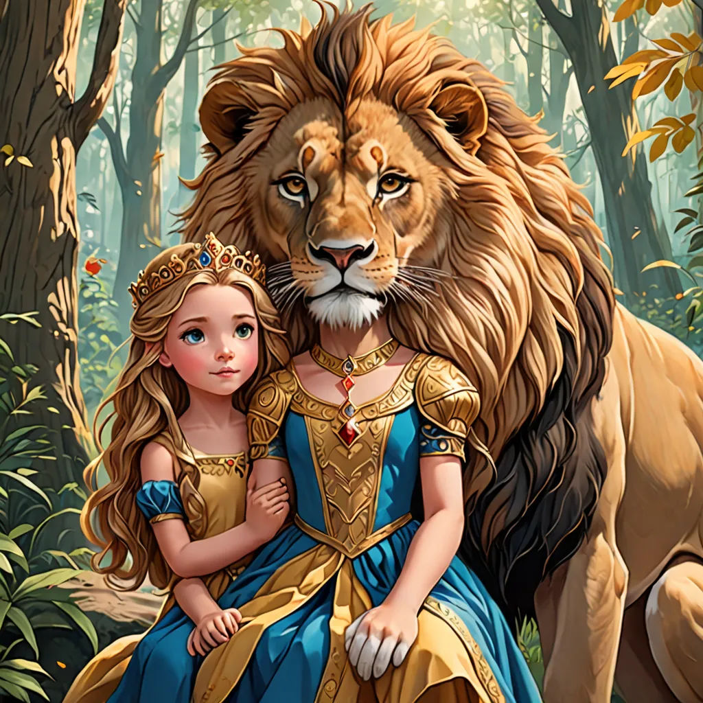 a painting of a girl and a lion in a forest with trees and leaves in the background, with a lion standing behind her, fantasy art, a storybook illustration, Brom, highly detailed digital painting