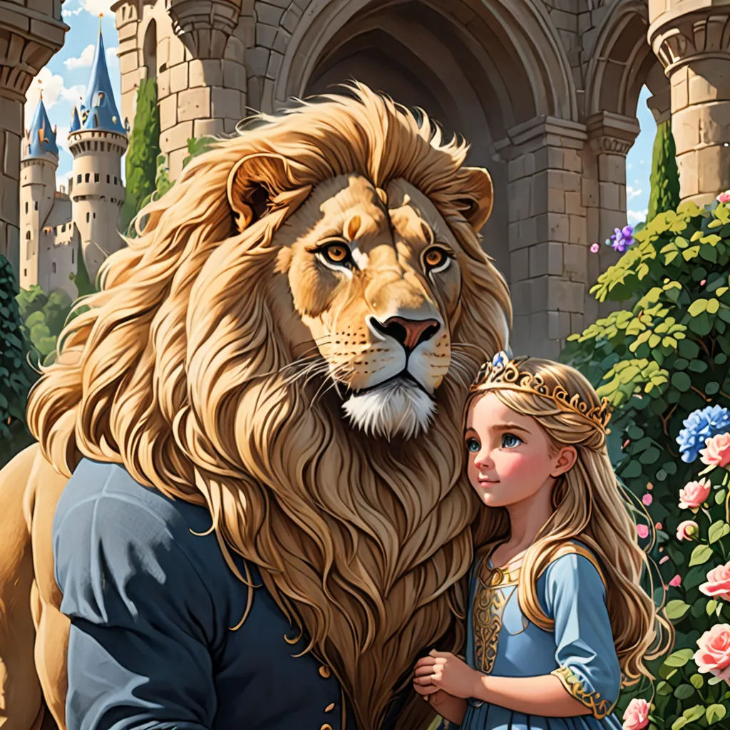 a painting of a girl and a lion in front of a castle with roses and bushes around it,, furry art, a storybook illustration, Chris LaBrooy, official art