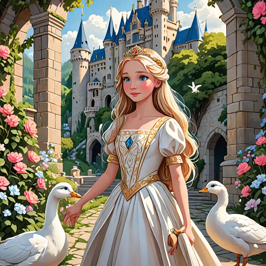 a girl in a white dress is holding a hand with two geese in front of a castle with pink flowers, fantasy art, a storybook illustration, disney, official art