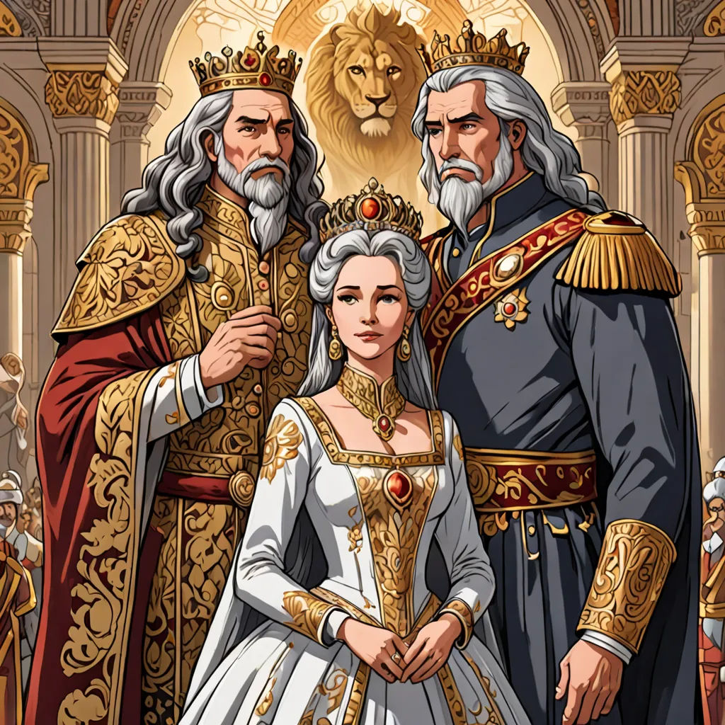 a man and woman in medieval dress standing next to each other in front of a lion and a throne, fantasy art, a storybook illustration, Brothers Hildebrandt, official art