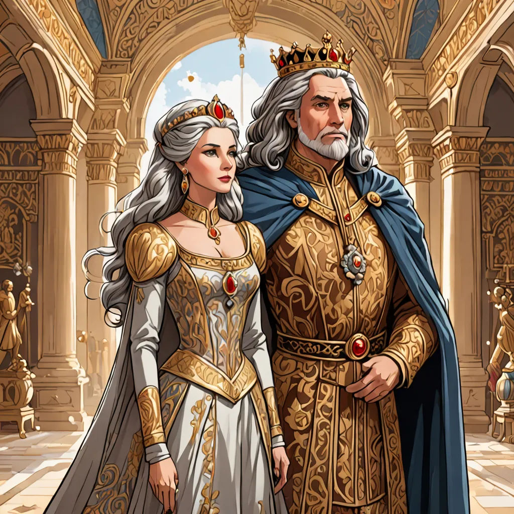 a man and a woman dressed in medieval clothing standing next to each other in a palace setting with arches and arches, fantasy art, a detailed painting, Altoon Sultan, regal