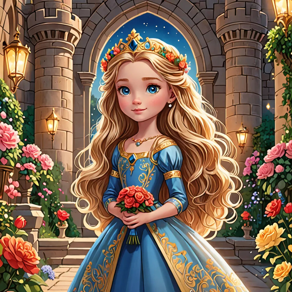 a cartoon girl in a blue dress standing in front of a castle entrance with roses and roses around her, fantasy art, a storybook illustration, Anne Stokes, kinkade