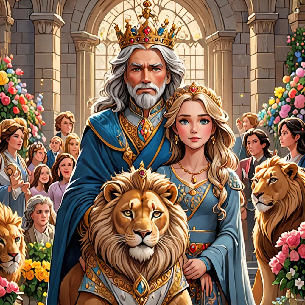 a man and a woman are standing in front of a lion and lion cub, surrounded by flowers and other people, fantasy art, a storybook illustration, Edwin Georgi, official art