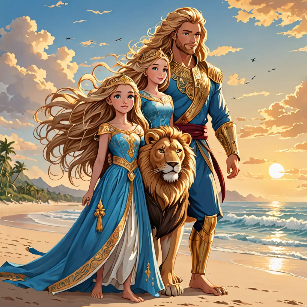a man and a woman standing on a beach next to a lion and a lioness in front of a sunset, fantasy art, a storybook illustration, disney, official art