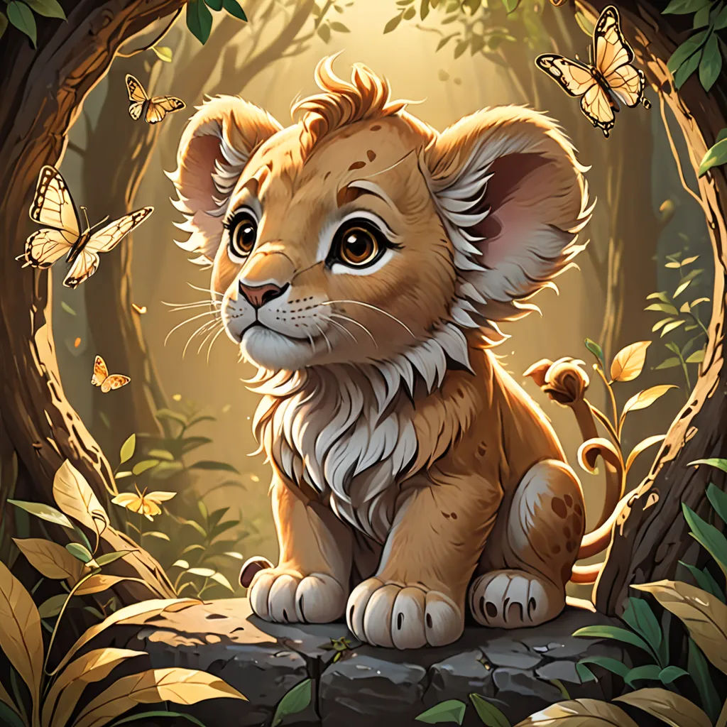 a lion cub sitting in a forest with butterflies around it's neck and eyes open, with a light shining on the background, Chris LaBrooy, fantasy art, a painting, trending on art station