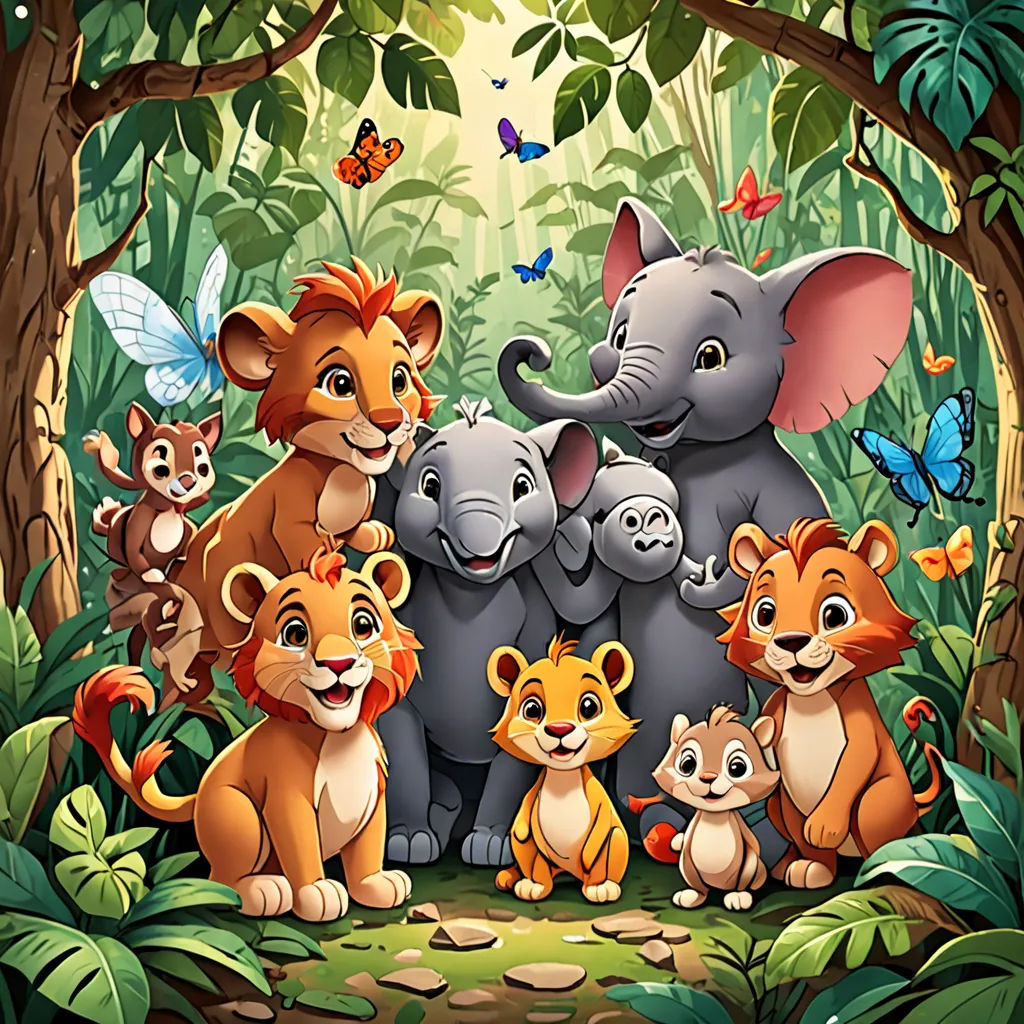 a group of animals standing in the jungle together with a butterfly flying overhead in the background of the picture, disney, furry art, a storybook illustration, jungle