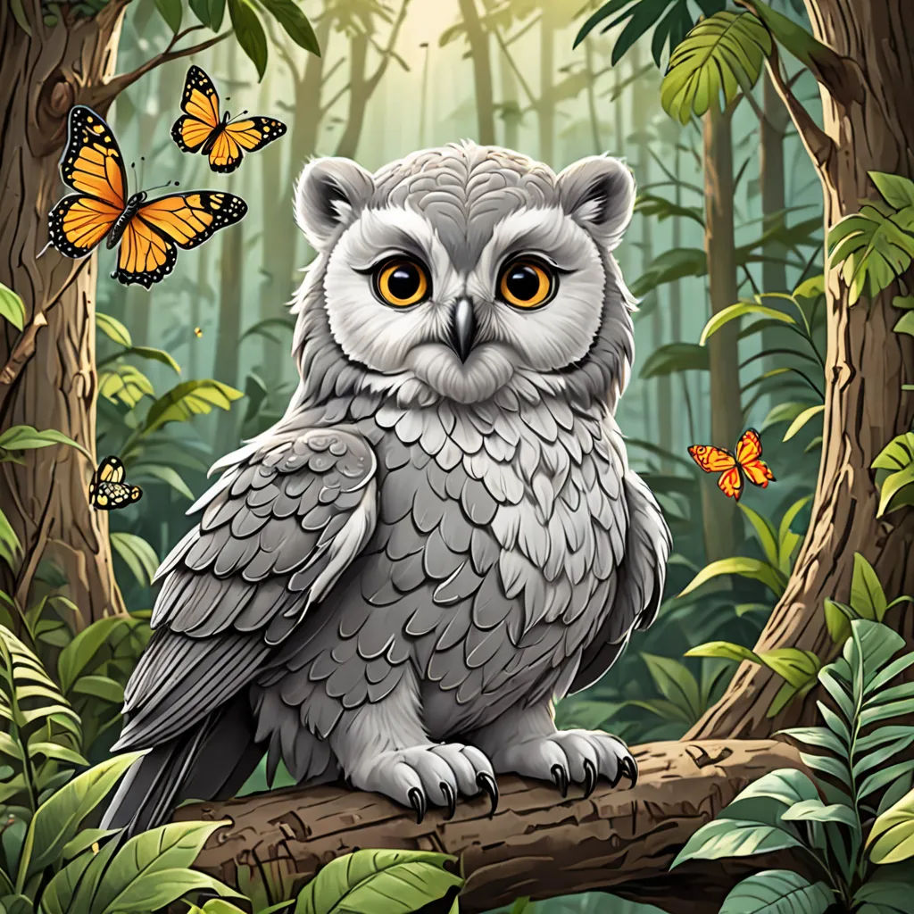 a picture of an owl sitting on a branch in the woods with butterflies around it and a butterfly flying above it, Chris LaBrooy, fantasy art, a storybook illustration, highly detailed digital art