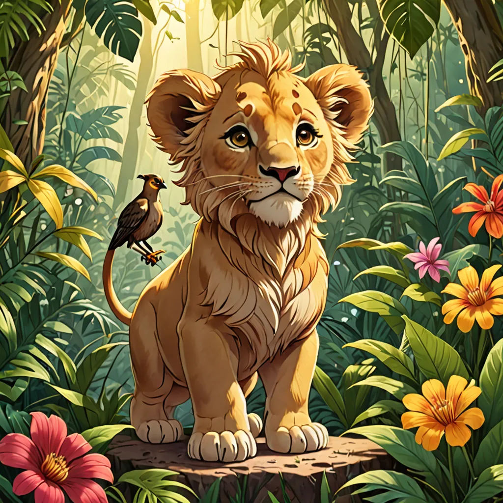 a lion and a bird are in the jungle with flowers and trees around them, and a bird is perched on the stump, Chris LaBrooy, fantasy art, a storybook illustration, official art