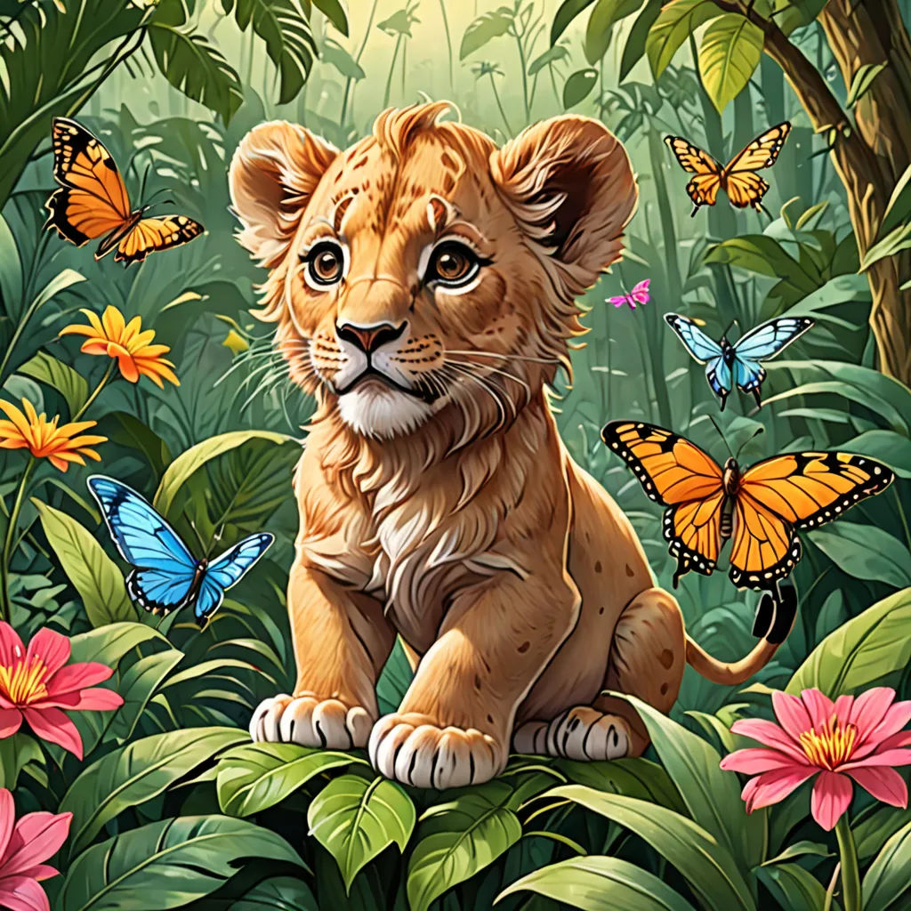 a lion cub sitting on a branch surrounded by butterflies and flowers in a jungle setting with butterflies flying around, Chris LaBrooy, fantasy art, a storybook illustration, official art