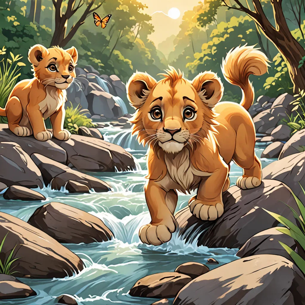 a lion cub is walking across a river in the jungle with a butterfly flying above it and another lion is on the rocks, Chris LaBrooy, sots art, a storybook illustration, official art