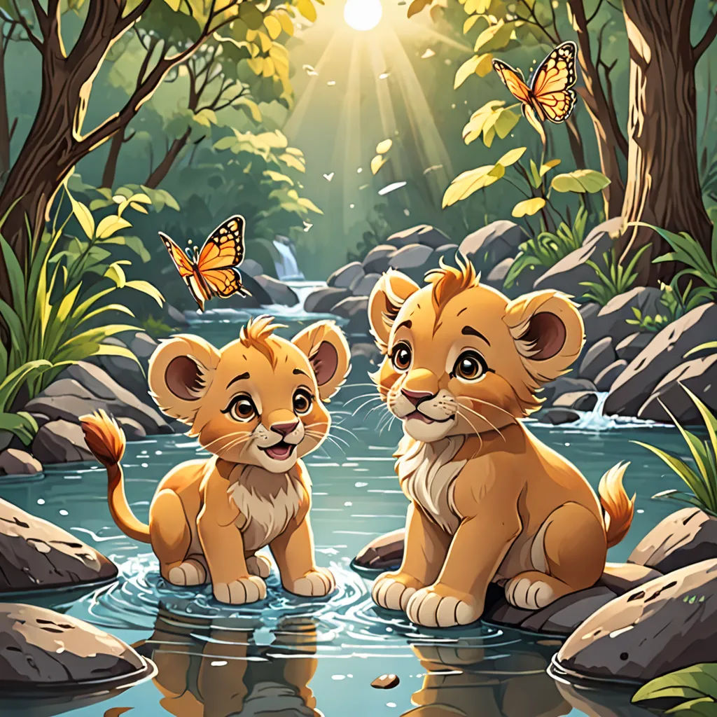 two lions sitting in the water with a butterfly flying above them and a butterfly flying above them, with a stream running between them, Brothers Hildebrandt, sots art, a storybook illustration, official art