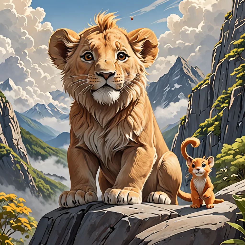 a lion and a fox sitting on a rock in the mountains with clouds in the background and a mountain range in the foreground, Chris LaBrooy, fantasy art, an oil painting, official art
