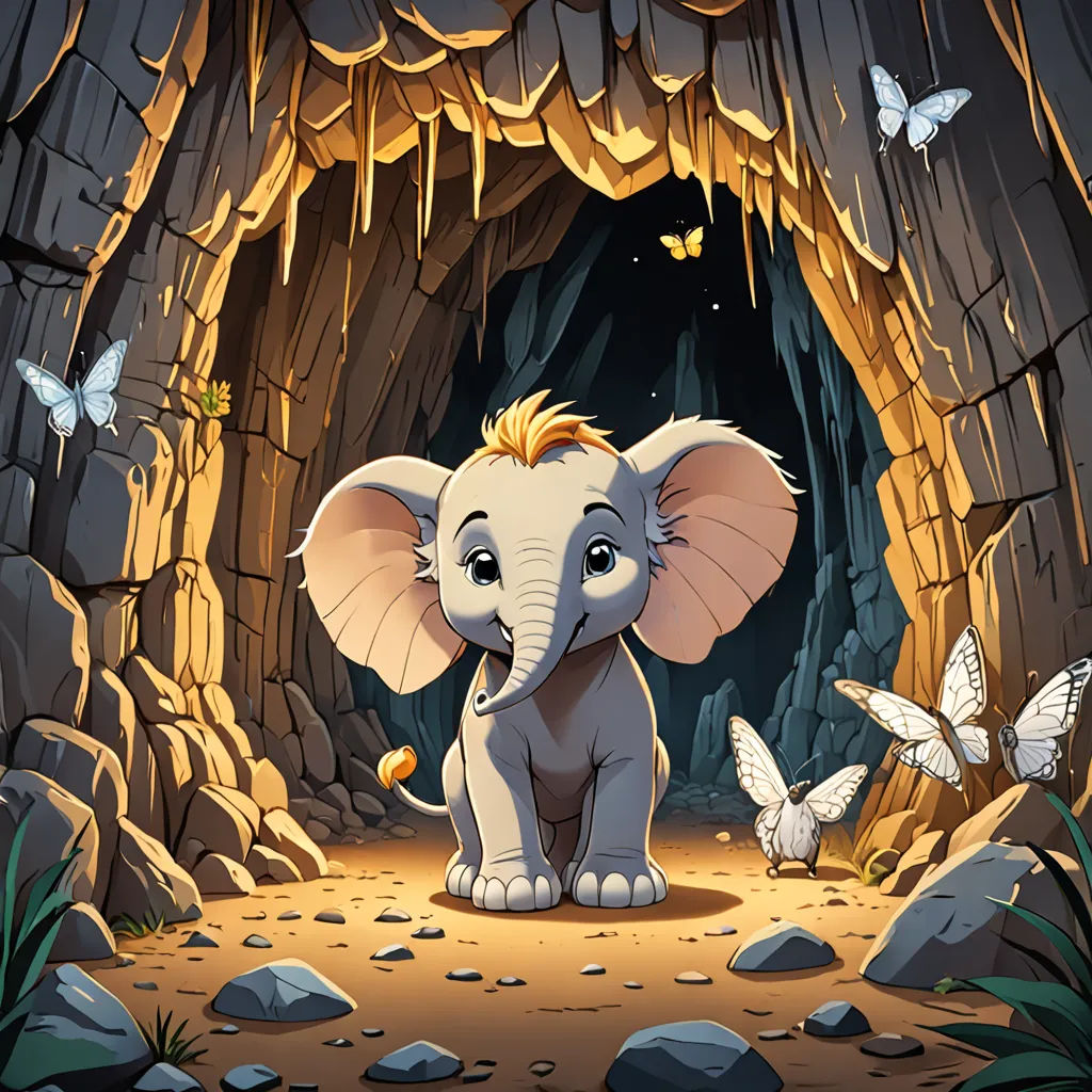 a small elephant standing in a cave with butterflies flying around it and a butterfly flying around it's head, Cliff Childs, fantasy art, a storybook illustration, storybook illustration