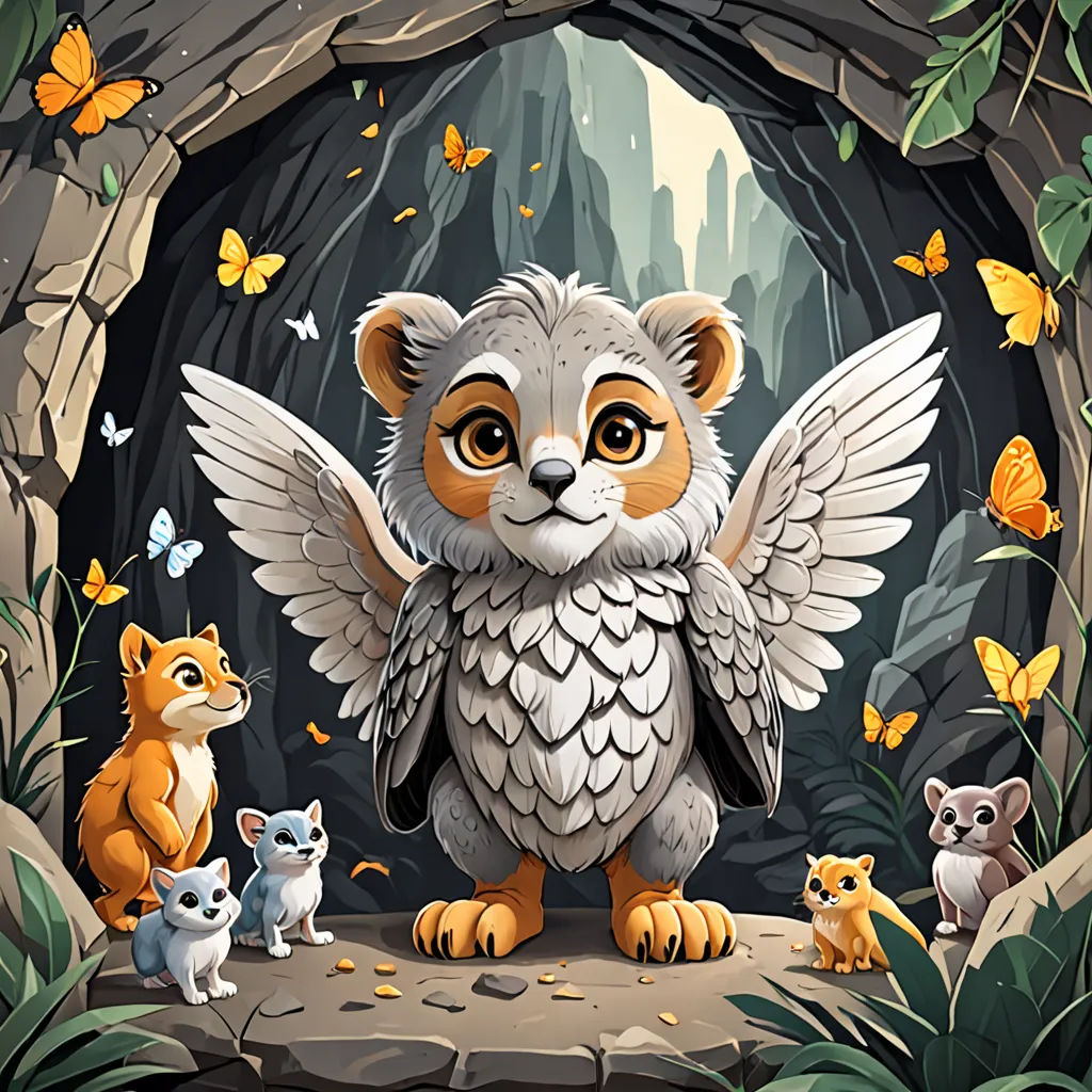 a cartoon of a cute owl surrounded by other animals in a cave with butterflies around it and a butterfly on the side of the cave, Chris LaBrooy, fantasy art, a storybook illustration, promotional image