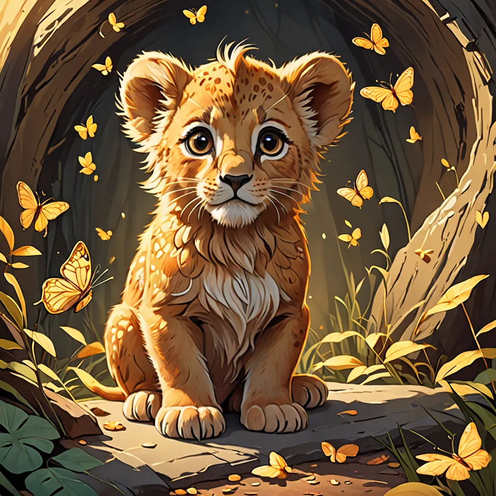 a lion cub sitting in a cave with butterflies around it's neck and eyes open, with a background of leaves and a tree trunk, Cyril Rolando, fantasy art, a digital painting, trending on art station