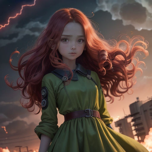 a girl with long red hair standing in front of a city skyline with a lightning bolt in the background