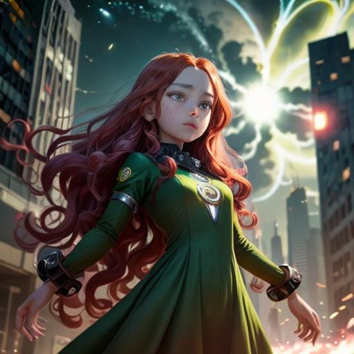a girl in a green dress standing in front of a city skyline with a lightning bolt in the background