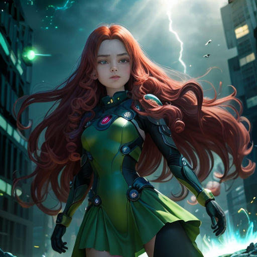 a woman in a green dress standing in a city street with lightning in the background and lightning in the sky