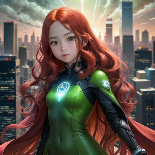a girl in a green dress standing in front of a city skyline with a red hair and a green cape