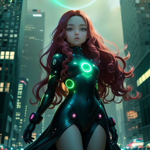 a woman in a futuristic suit standing in the middle of a city at night with neon lights on her body