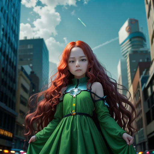 a woman in a green dress is standing in the street with a city in the background and a green dress with a green collar