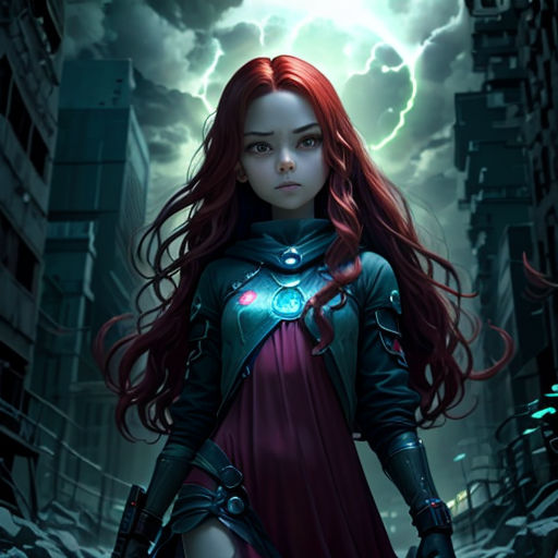 a girl in a red dress standing in a city street with lightning in the background and a lightning bolt in the sky