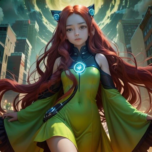 a woman in a green dress with long red hair and a cat ears on her head, standing in a city