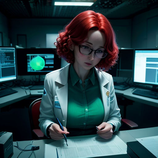 a woman in a green shirt and white jacket sitting at a desk with a pen and paper in her hand